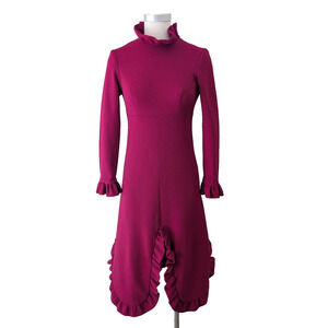 1970s 1980s Vintage Wool Raspberry Dress with Ruffle Detail